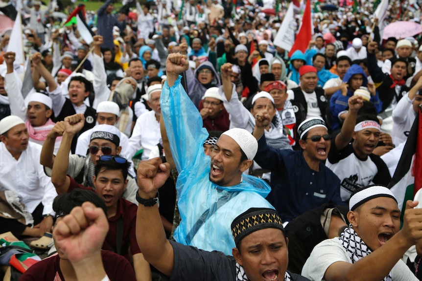 A crowd of protesters, some punching the air.