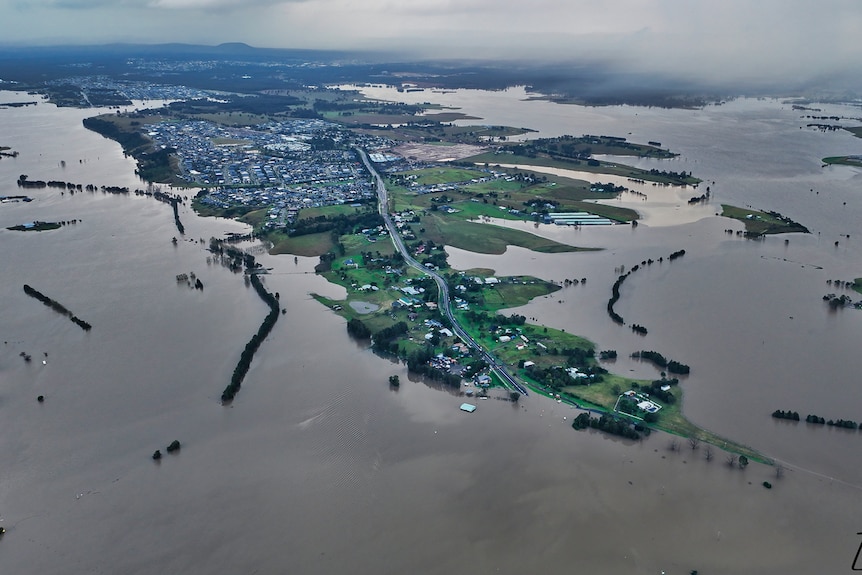 An aerial shot shows the extent of flooding in Maitland.