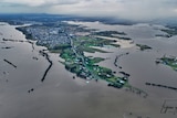 An aerial shot shows the extent of flooding in Maitland.