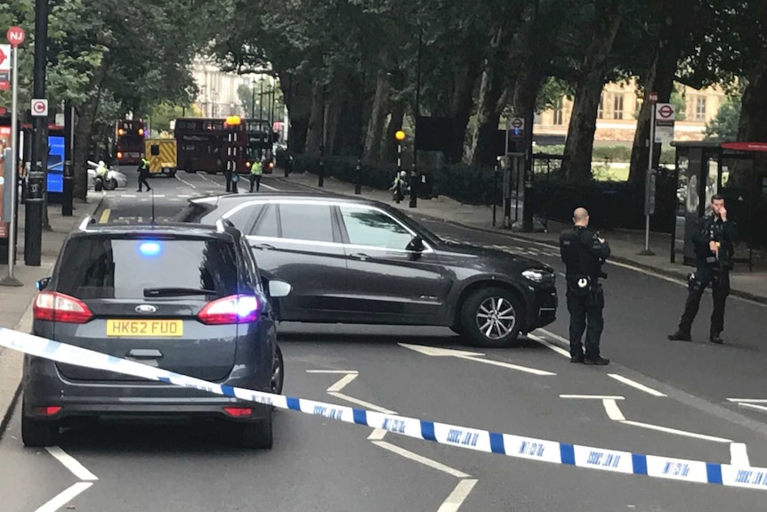 Police cordon off the area on Millbank, in central London, after a car crashed into security barriers.