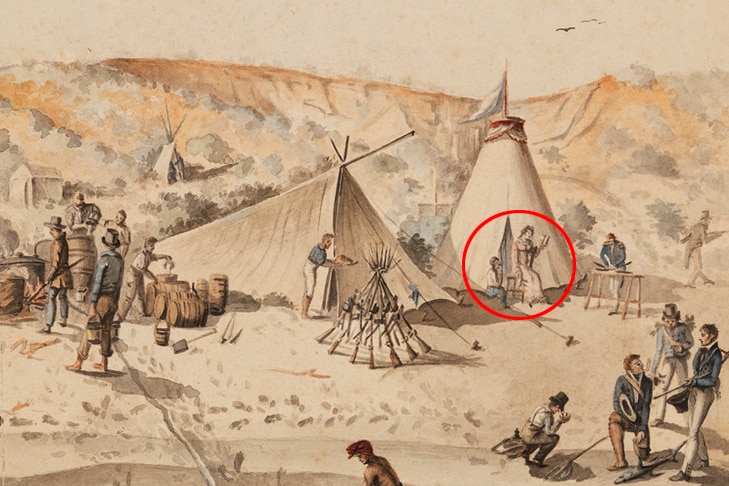 The Uranie pitches camp in Shark Bay, W.A. Sept. 1818