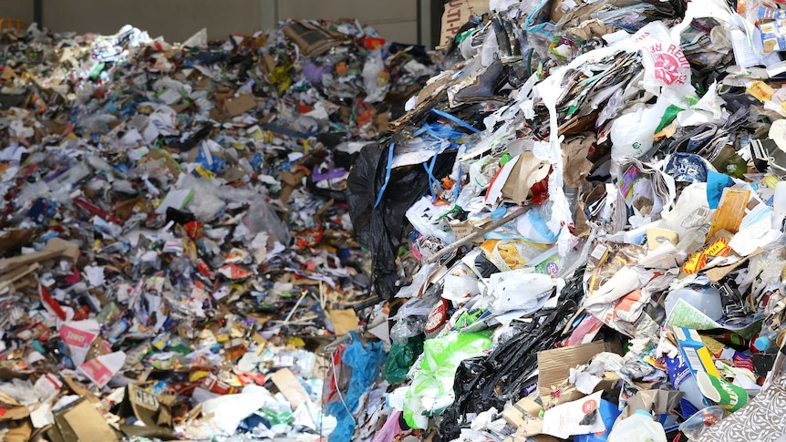 Bits of plastic bag and cardboard are stacked in two separate piles at Re.Group's Hume waste facility.