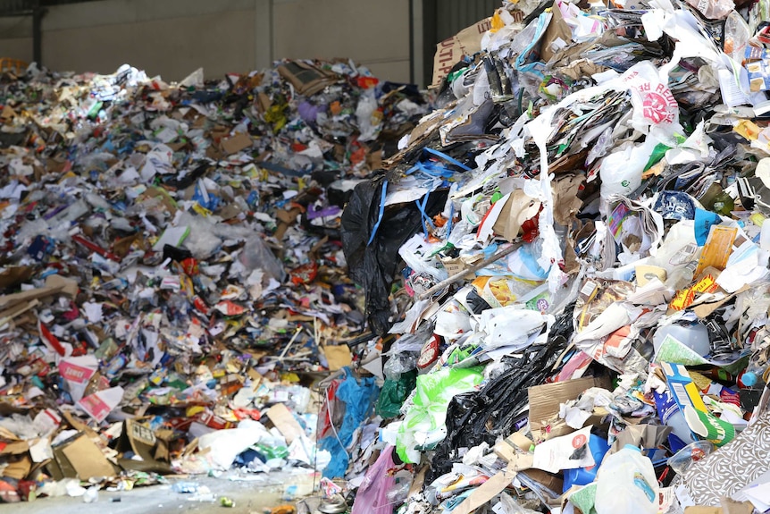 Bits of plastic bag and cardboard are stacked in two separate piles at Re.Group's Hume waste facility.