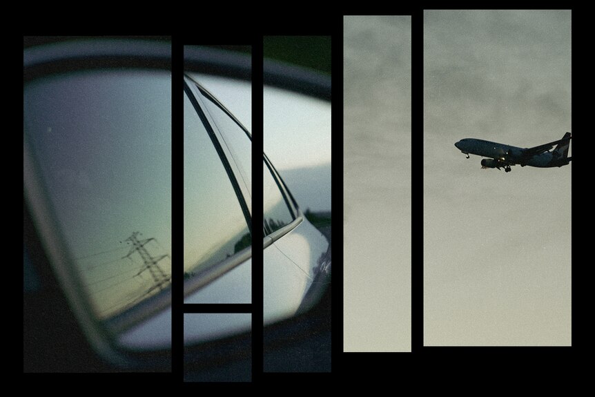Vertical bars show different scenes, one the view in a car's side mirror, another of a Qantas plane taking off.