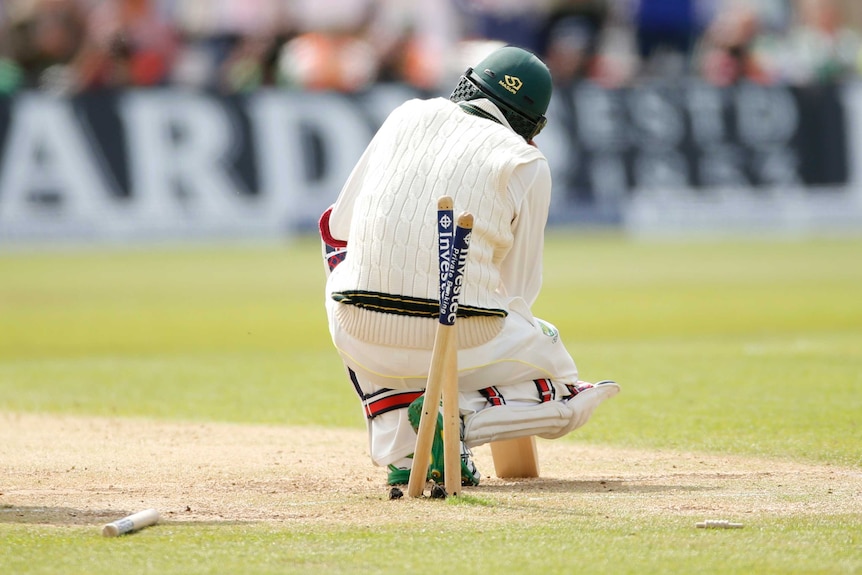 Australia's Nathan Lyon looks dejected after being bowled to end the fourth Ashes Test.