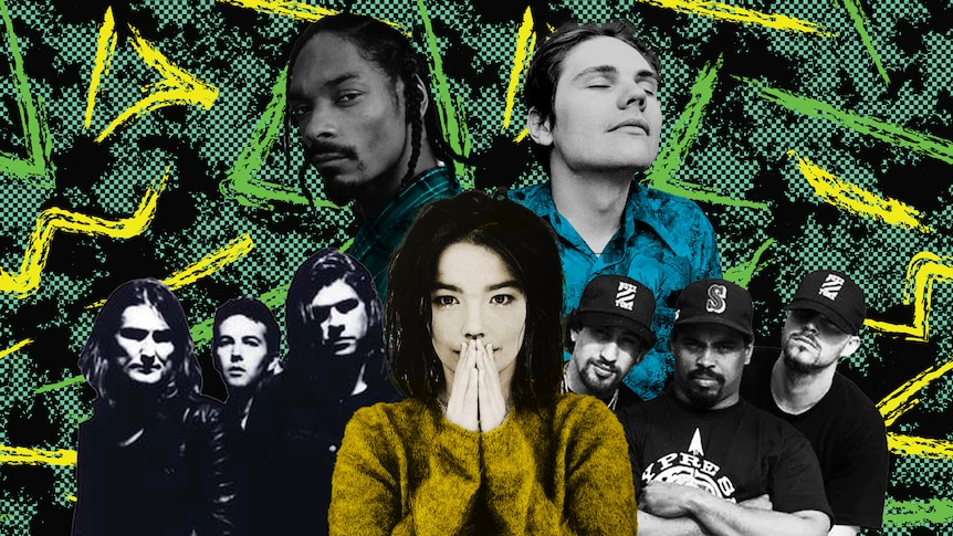 composite image featuring the cruel sea, snoop dogg, billy corgan, bjork and cypress hill