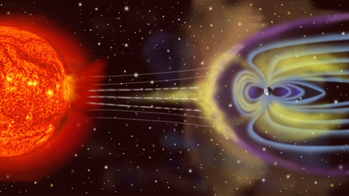 Artist's depiction of solar wind colliding with Earth's magnetosphere
