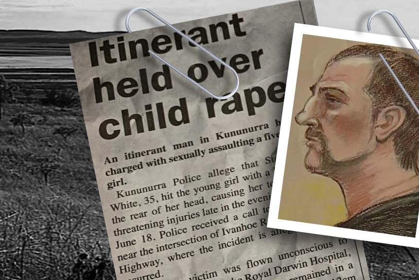 A newspaper article "rag-out" superimposed over a black-and-white image of a landscape. Inset is a court sketch of a man.
