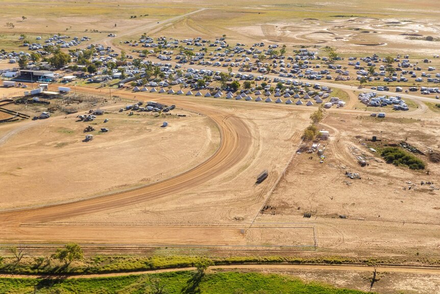 An aerial shot of caravans in an outback town