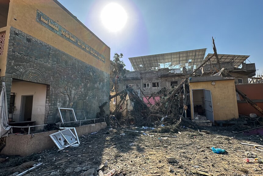 Debris covers the ground at damaged Shadia Abu Ghazaleh school