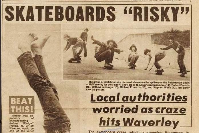 old black and white newspaper that says skateboard risky