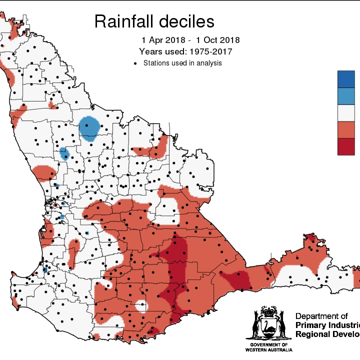 A map of rainfall deciles around WA.