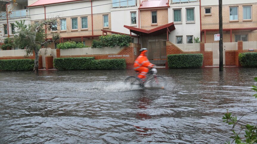Man riding his bike through flood waters in Botany.