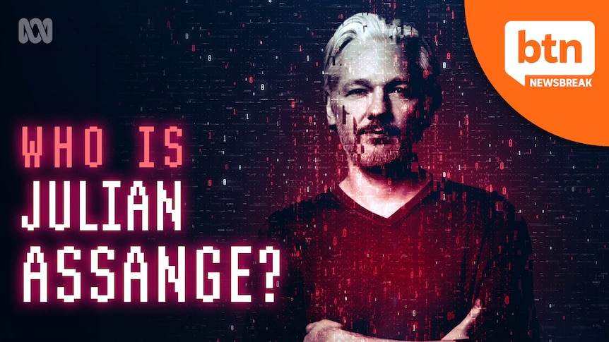 Julian Assange illustrated in matrix style code imagery.