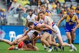 Luke Shuey contests the ball in the Eagles versus Bulldogs match in Perth.