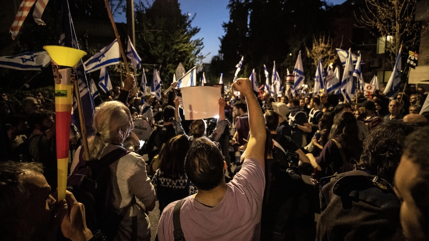 back of protester crowd holding Israeli flags, one person raises their fist