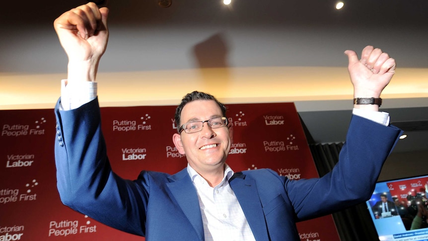 Daniel Andrews celebrates a Labor Government win for the state of Victoria