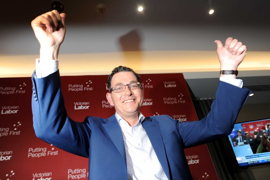 Daniel Andrews celebrates a Labor Government win for the state of Victoria