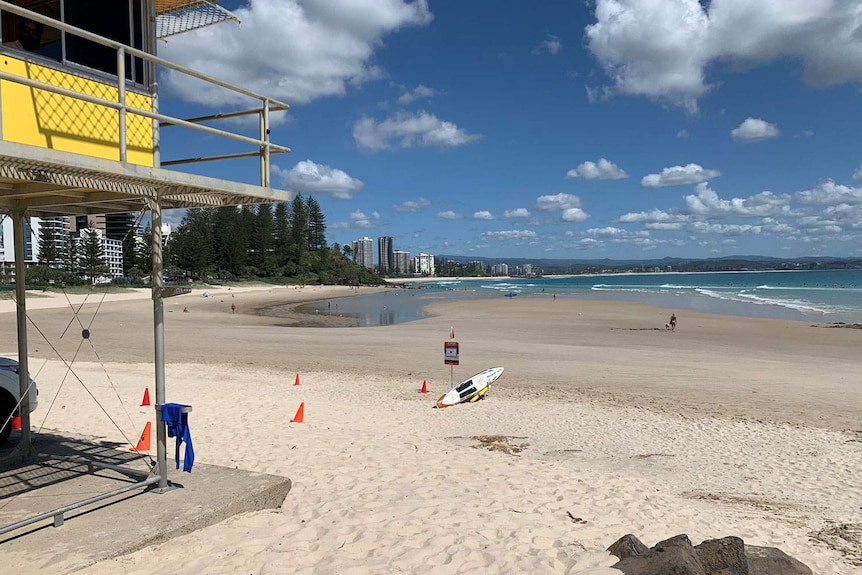 Lifeguard tower on quiet beach at Rainbow Bay on Queensland's Gold Coast.