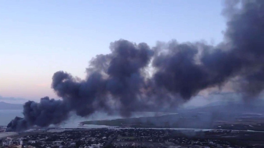 Thick black smoke plumes from Port of Townsville