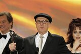 LtoR Colin Firth, Geoffrey Rush, Helena Bonham Carter and Anthony Andrews accept the award