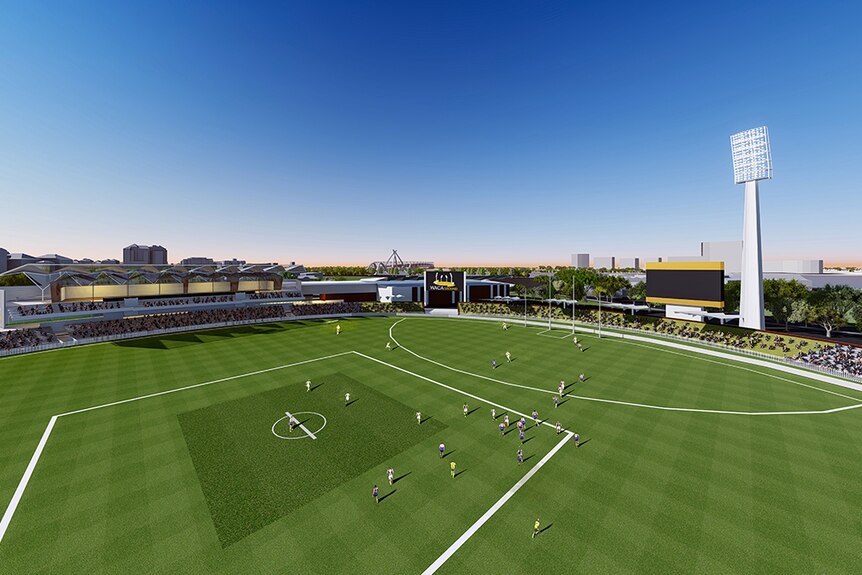 An artist's impression showing an aerial view of a football match being played on a redeveloped WACA Ground.