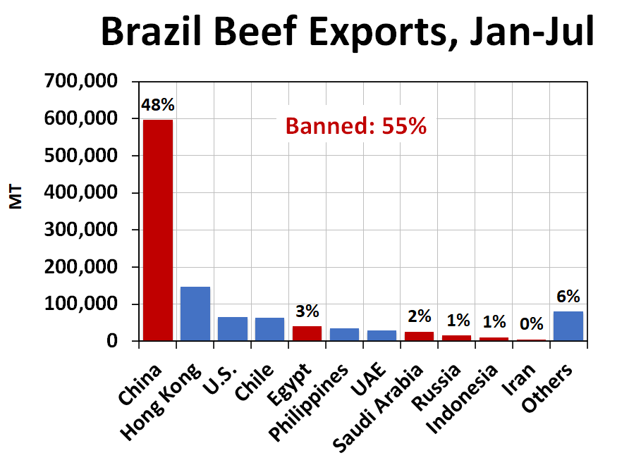Mapa mostrando 600 mil toneladas de carne bovina extraída da China de janeiro a julho de 2022, avaliada em 48% do comércio brasileiro