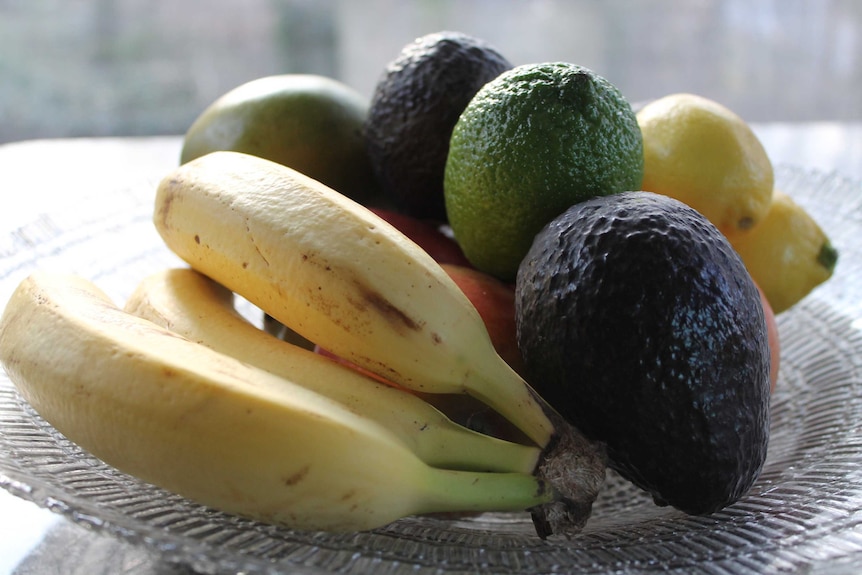 Fruit bowl filled with avocados and bananas