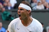 Tennis player Rafael Nadal shouts and clenches his fist during a match at Wimbledon.