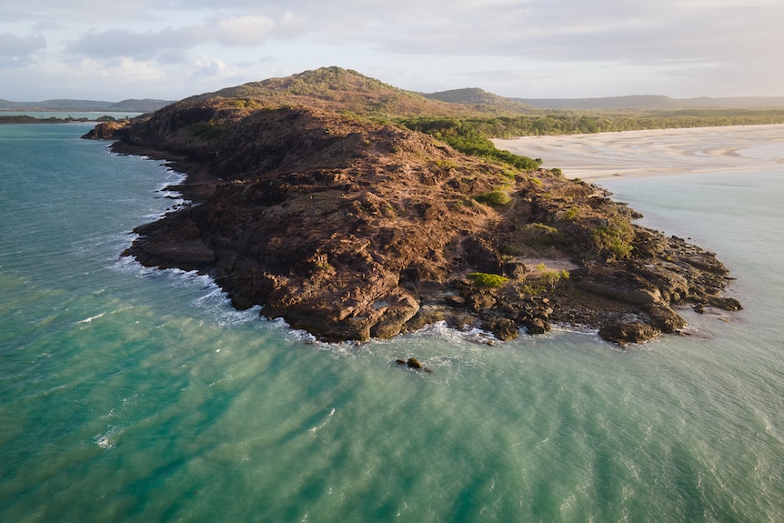 The rocky, seaside outcrop of the tip of cape york from the air