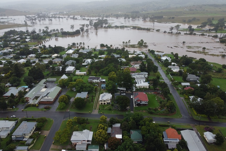 Drone photo of floodwaters rising near houses at Boonah