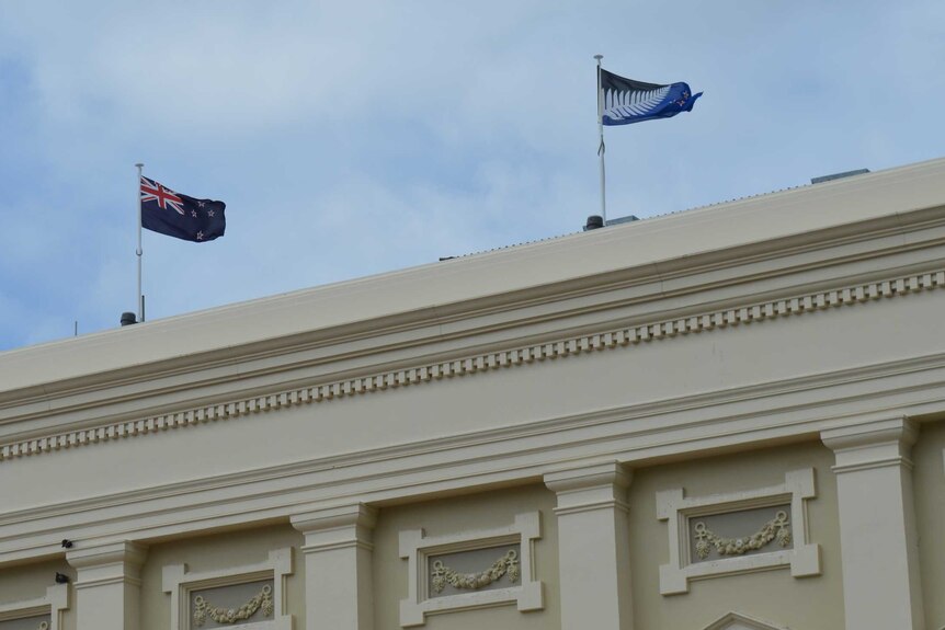 The current NZ flag flies alongside its possible replacement on the Wellington town hall.
