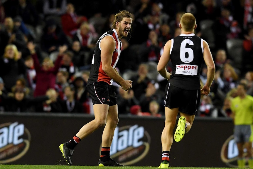 Josh Bruce of the Saints scores his second goal against West Coast at Docklands.