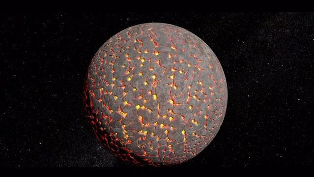 Moon with cracked surface revealing glowing lava beneath