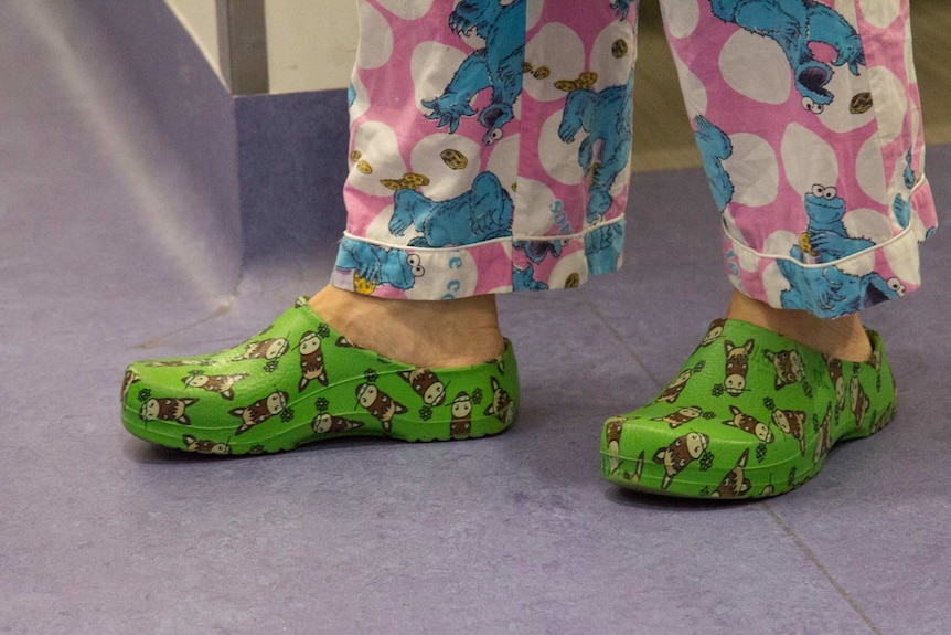 The shoes worn by Dr Quack which are decorated with images of cows