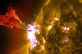 A burst of solar material leaps off the Sun in what's known as a prominence eruption.