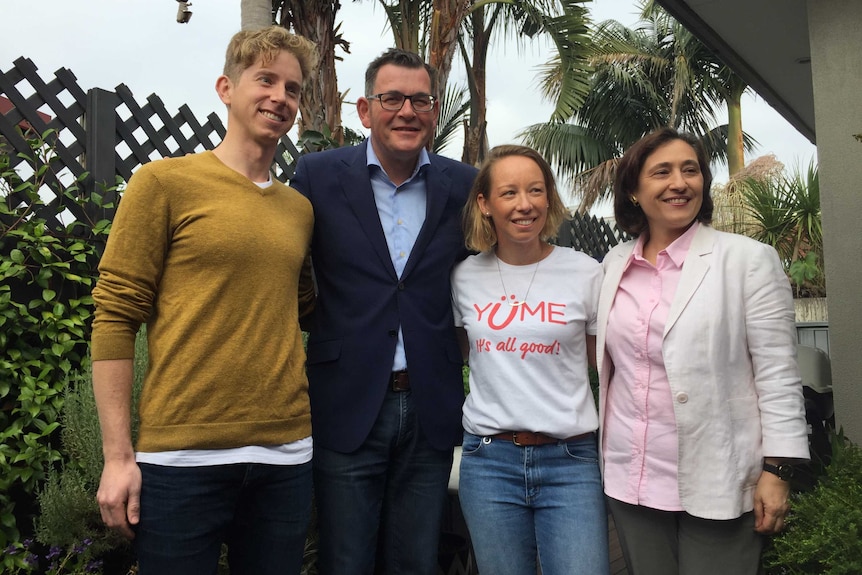 Victorian Premier Daniel Andrews, Energy Minister Lily D'Ambrosio pose with Geoff Golden and Ros Aikman.