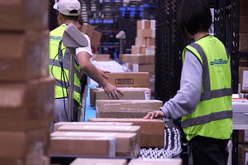 Workers place parcels on conveyer belts.