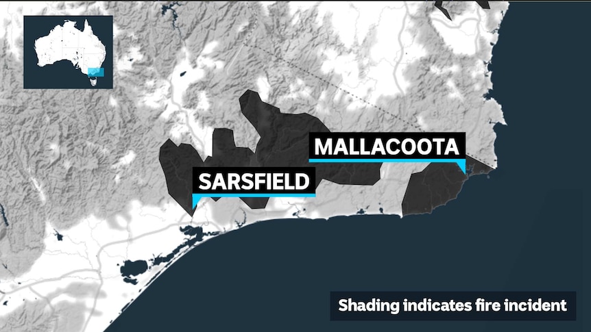 Map showing where in Victoria Mallacoota and Sarsfield are.