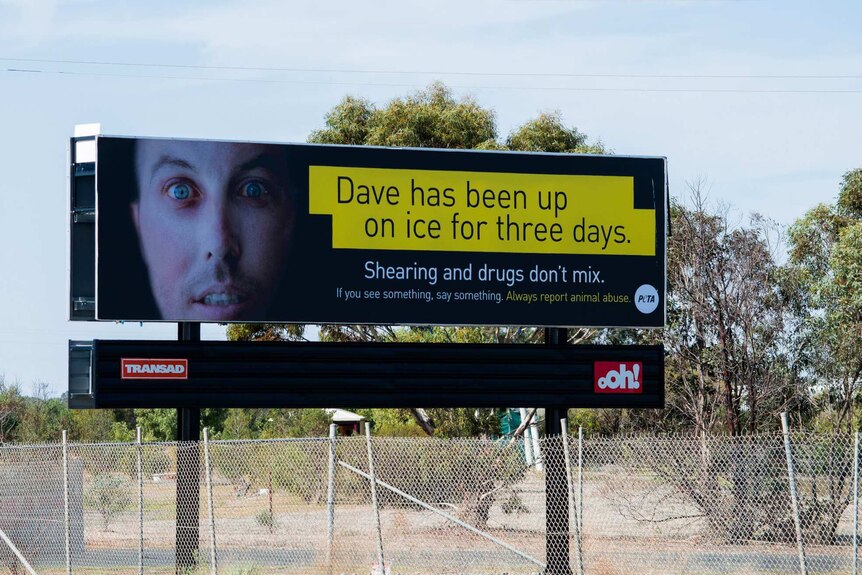 A billboard ad beside a road in Horsham, picturing the gaunt face of a man beside the words "Shearing and drugs don't mix"