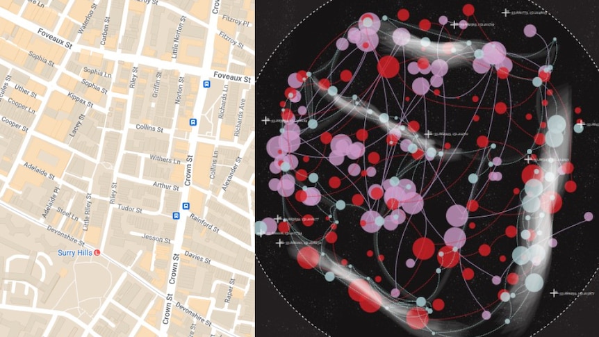 A Google Maps view of Surry Hills next to a series of red and purple dots on a black background