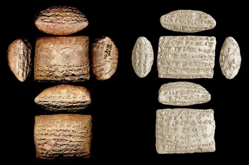 Composite image of the external surfaces of the clay envelope and the enclosed clay tablet.