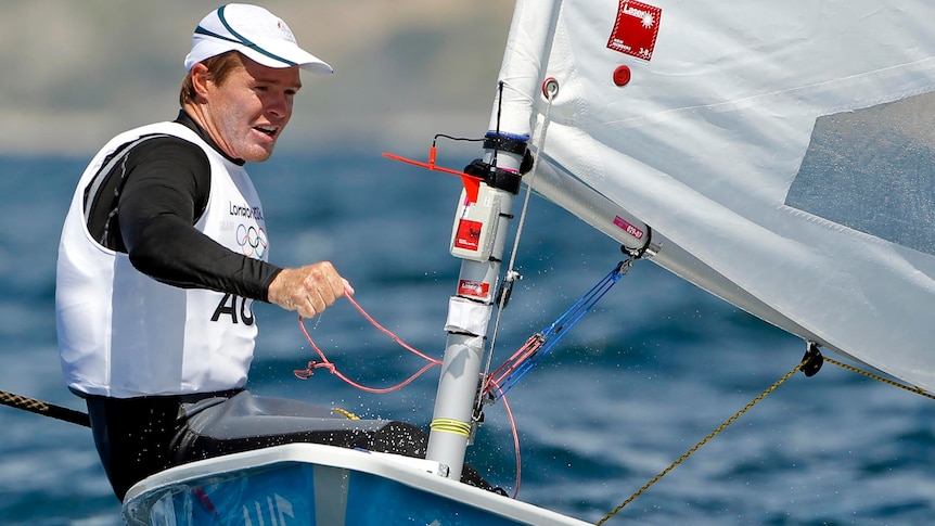 Tom Slingsby sails in the first race of the Laser class at the London 2012 Olympic Games.
