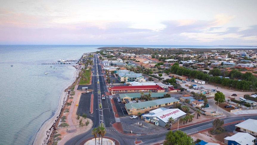 An aerial photo of the townsite of Denham in the Shark Bay World Heritage Area