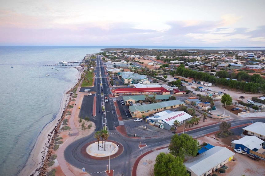 An aerial photo of the townsite of Denham in the Shark Bay World Heritage Area