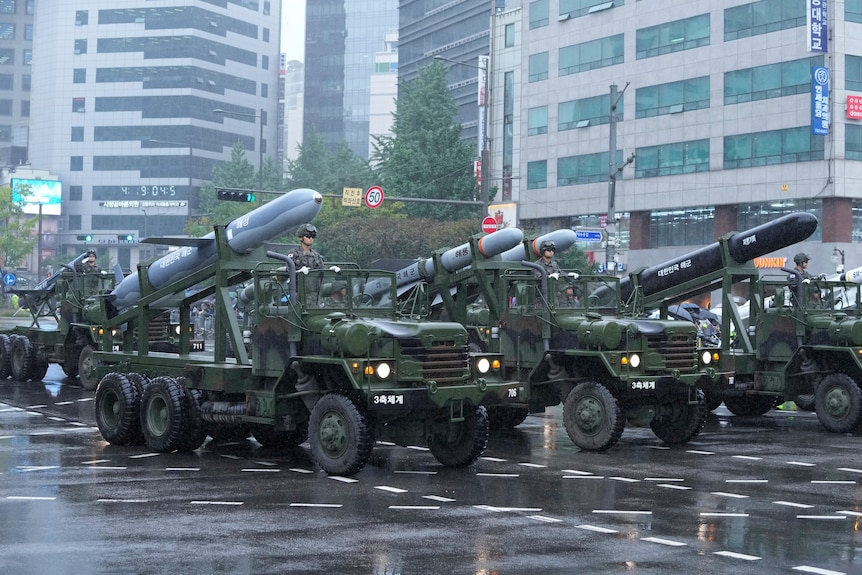 South Korea's missiles are carried in a parade.