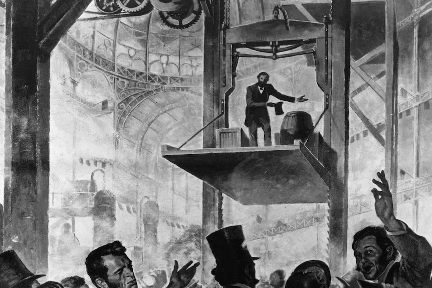 A black and white illustration of a man in the 1800s demonstrating a rudimentary elevator to a crowd