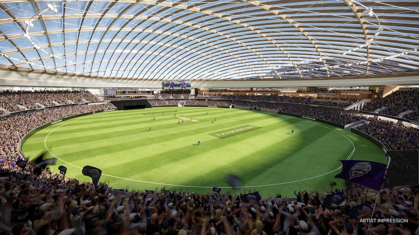 Concept art showing interior of sports stadium with cricket match underway.