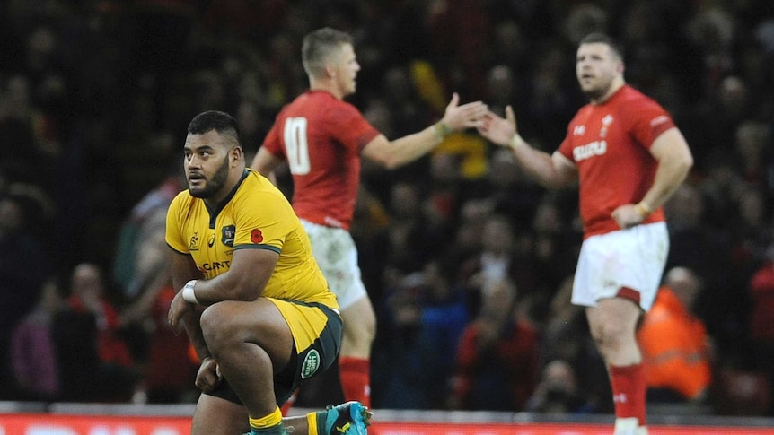 Taniela Tupoa looks dejected after Wallabies loss to Wales