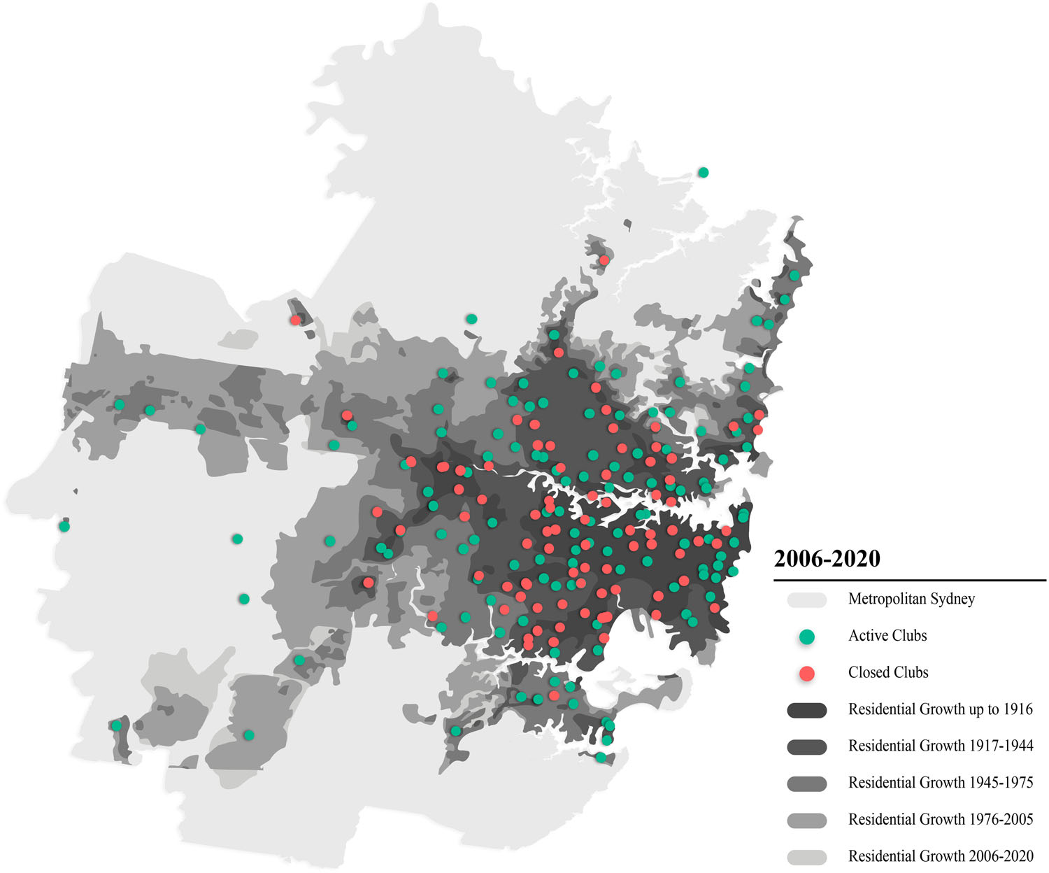 A map of Sydney with green dots showing open clubs and red dots showing clubs that have closed in the last ten years